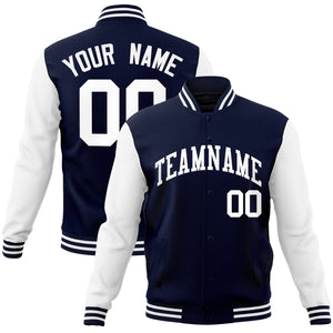 Custom Navy White Raglan Sleeves Varsity Full-Snap Letterman Jacket