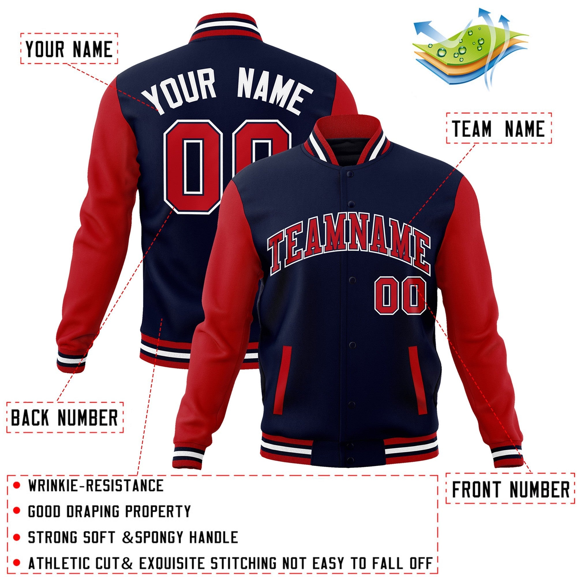 Custom Navy Red-Navy Raglan Sleeves Varsity Full-Snap Letterman Jacket