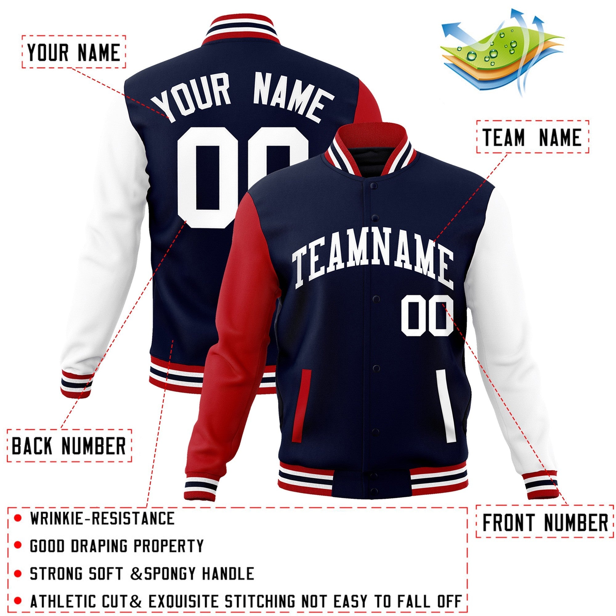 Veste Letterman Varsity Full-Snap à manches raglan blanches et personnalisées