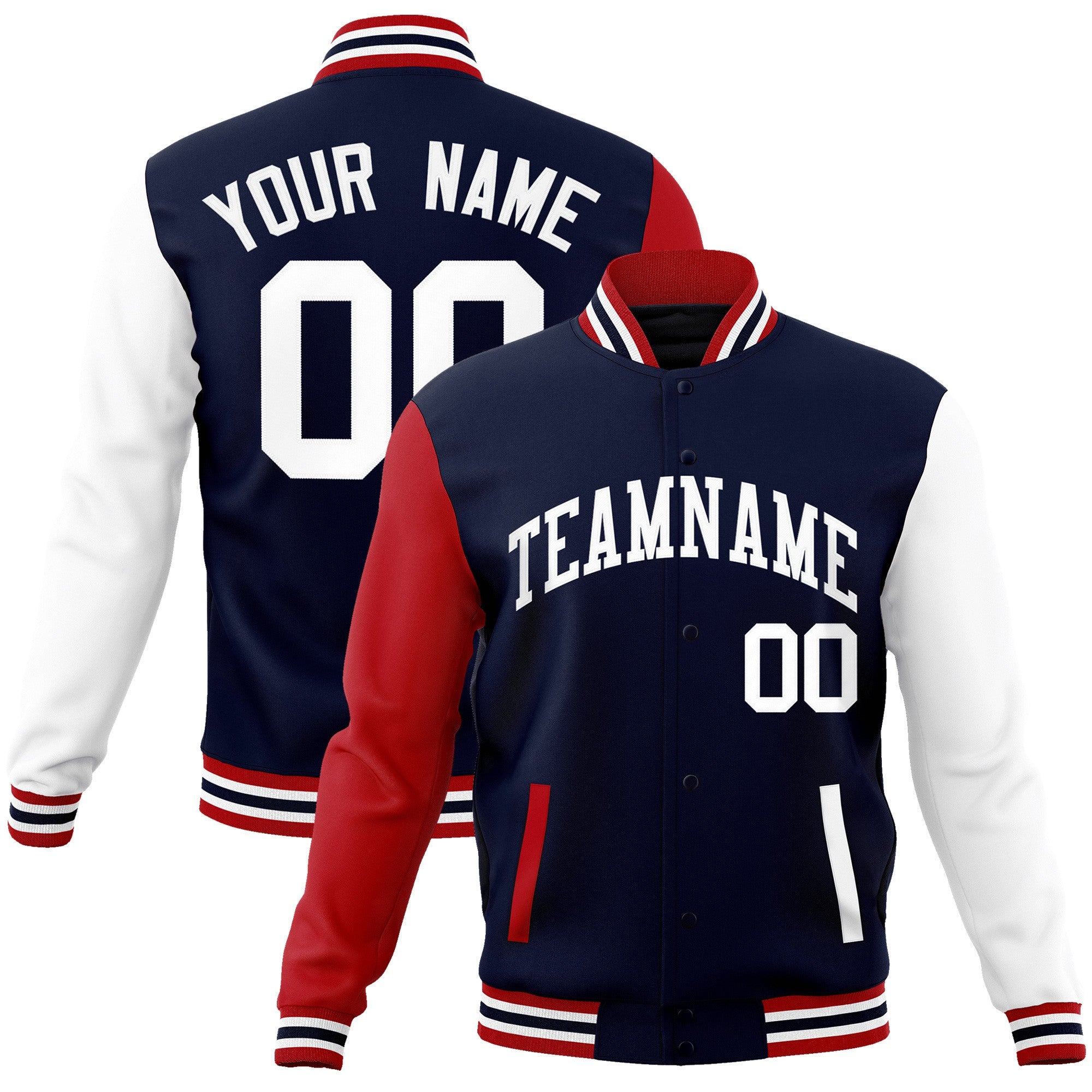 Custom Navy White Raglan Sleeves Varsity Full-Snap Letterman Jacket