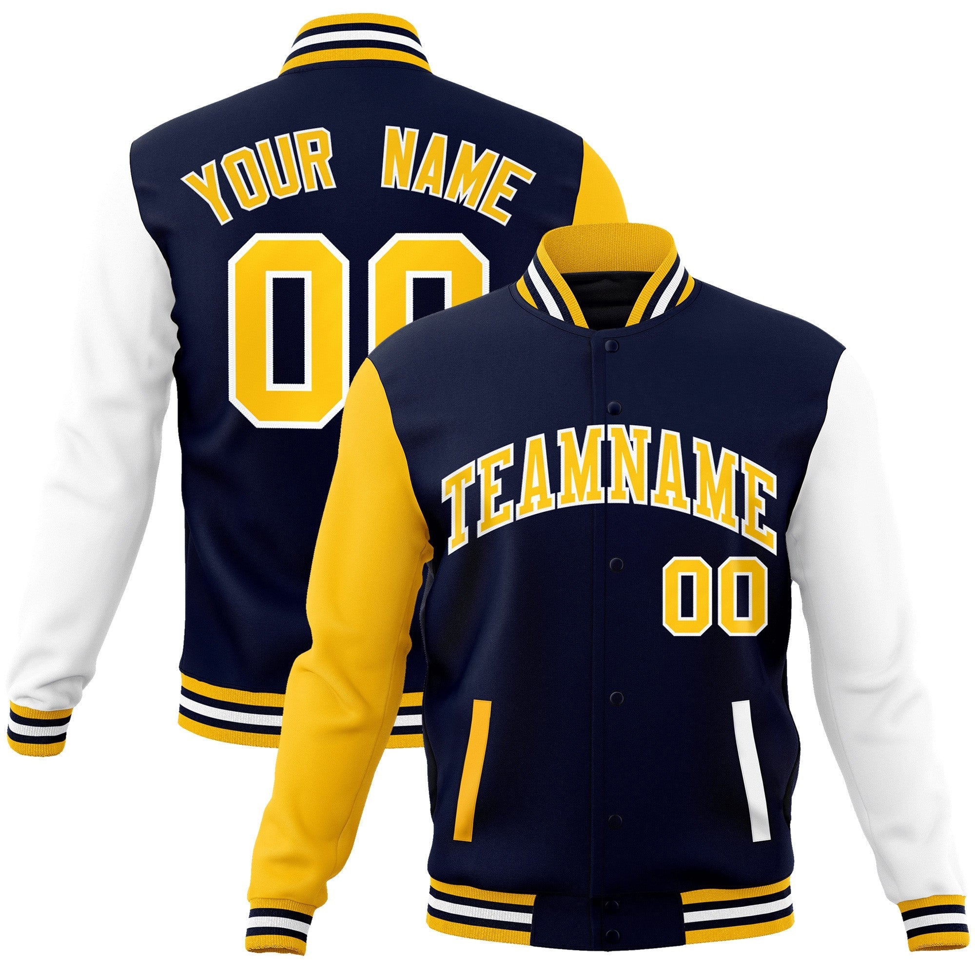 Custom Navy Gold-White Raglan Sleeves Varsity Full-Snap Letterman Jacket