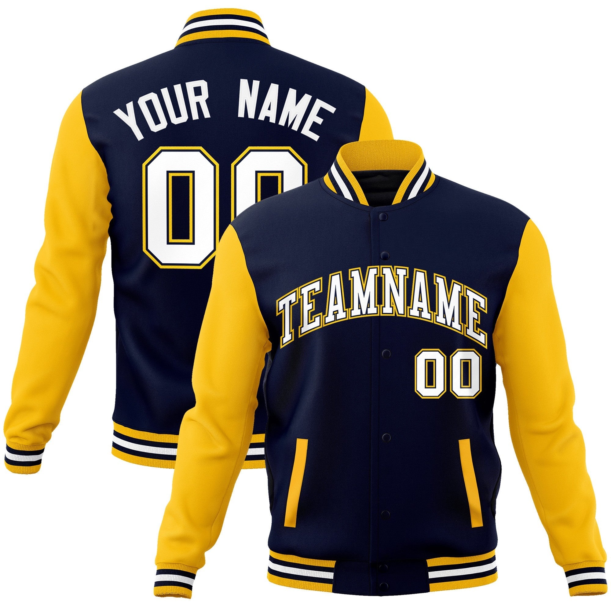 Custom Navy White-Navy Raglan Sleeves Varsity Full-Snap Letterman Jacket