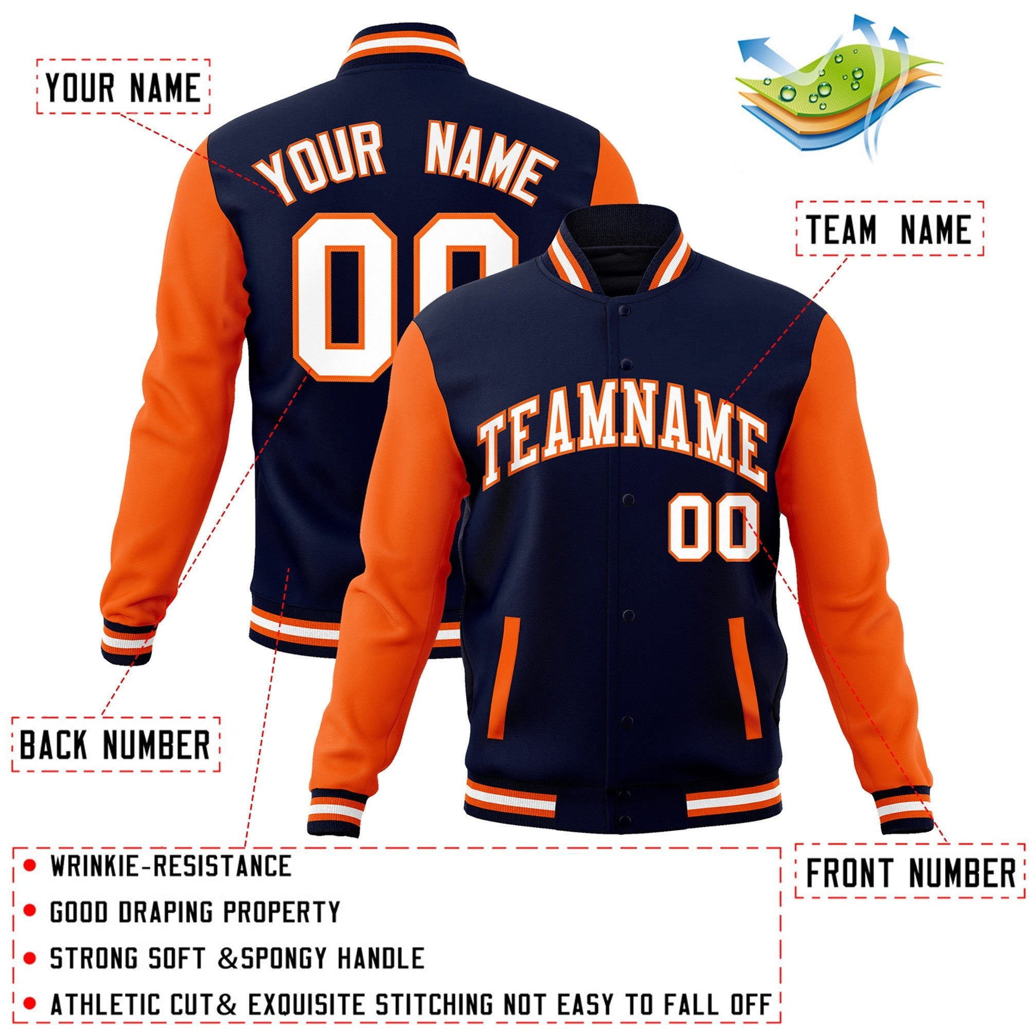 Custom Navy White-Orange Raglan Sleeves Varsity Full-Snap Letterman Jacket