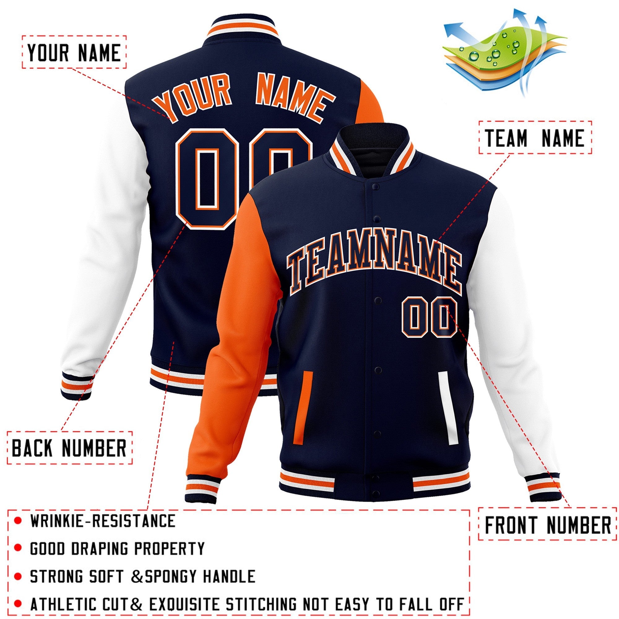 Veste Letterman Varsity Full-Snap à manches raglan bleu marine-orange personnalisée