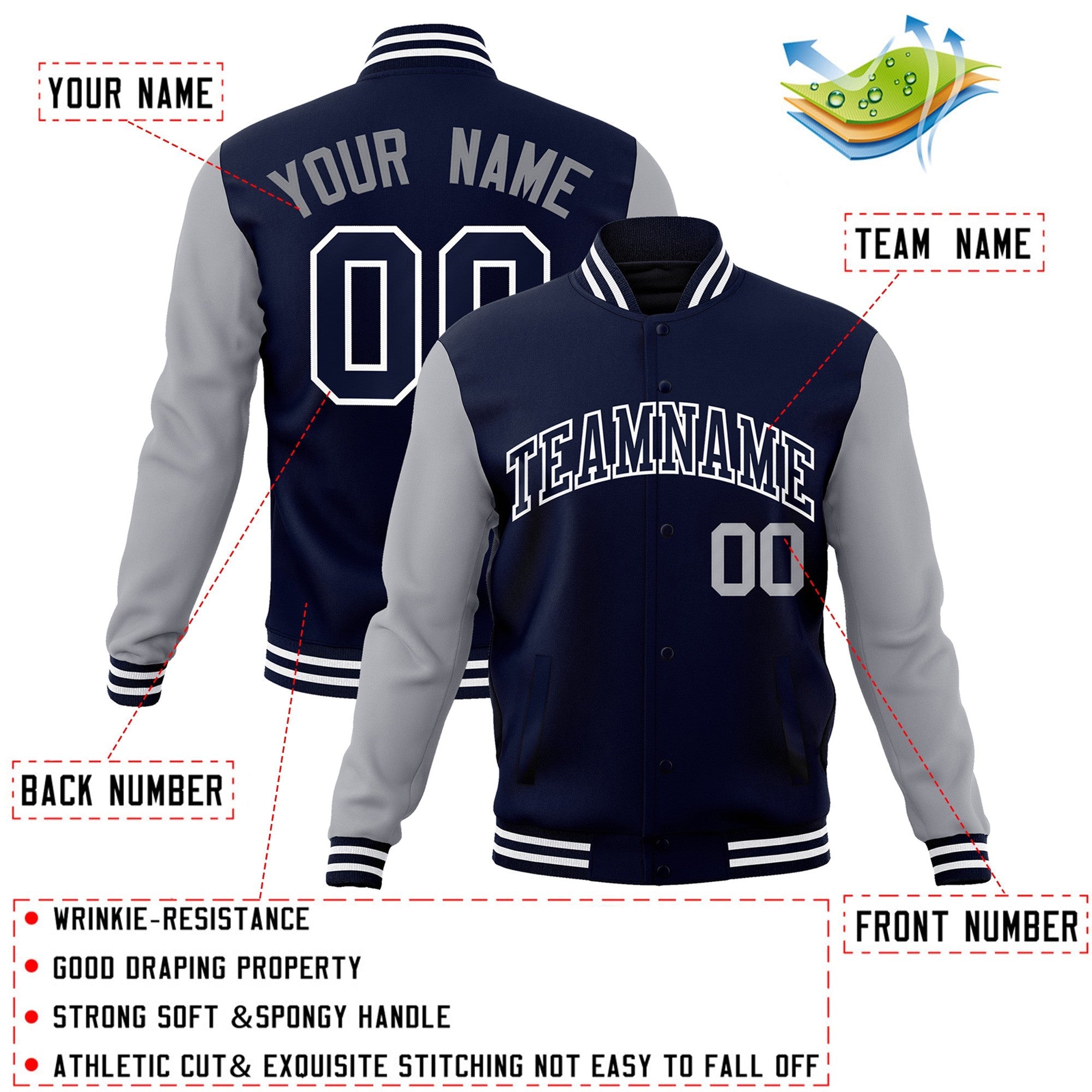 Custom Navy Gray-White Raglan Sleeves Varsity Full-Snap Letterman Jacket