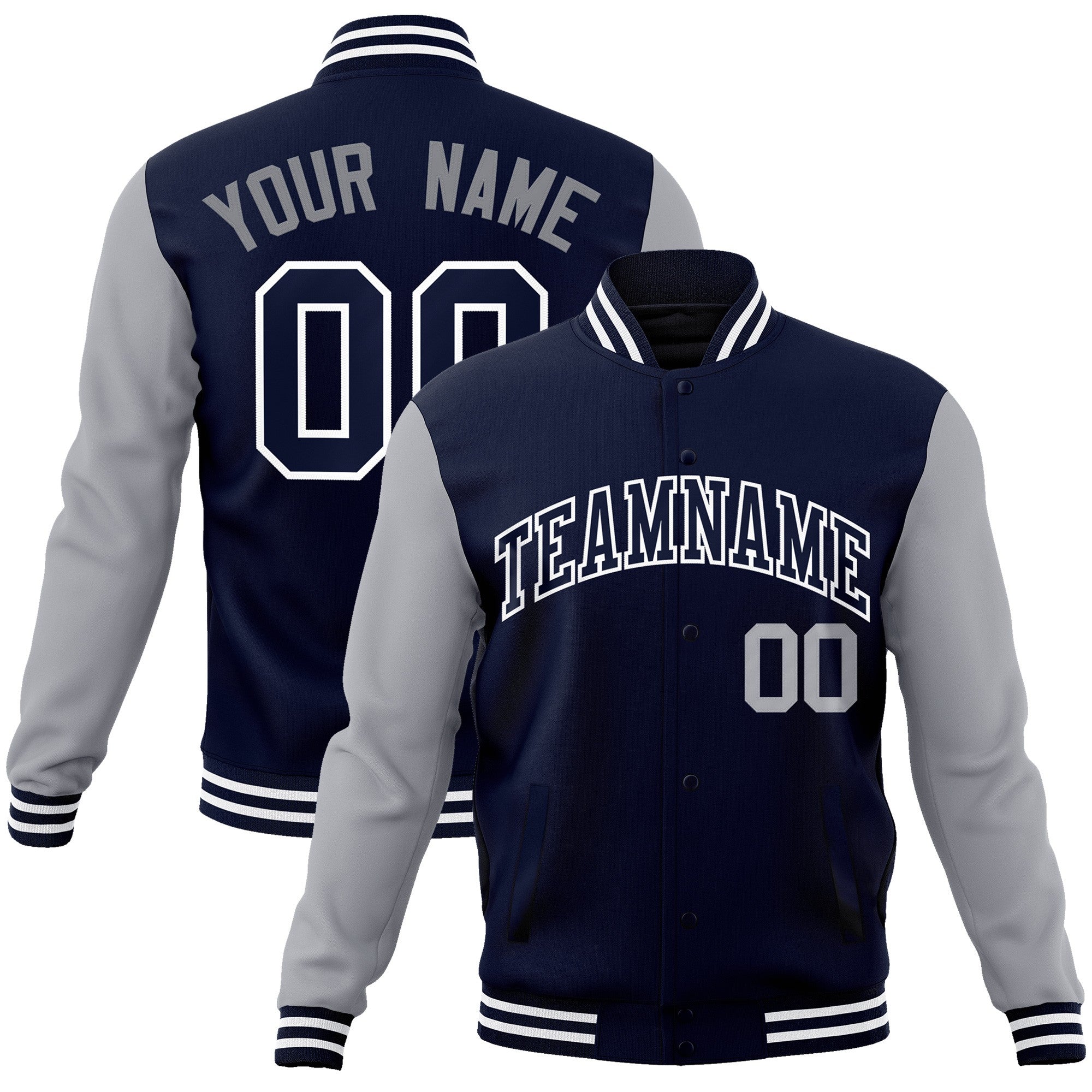 Custom Navy Gray-White Raglan Sleeves Varsity Full-Snap Letterman Jacket