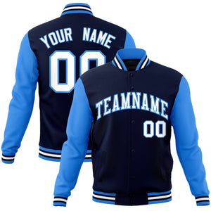 Custom Navy White-Powder Blue Raglan Sleeves Varsity Full-Snap Letterman Jacket