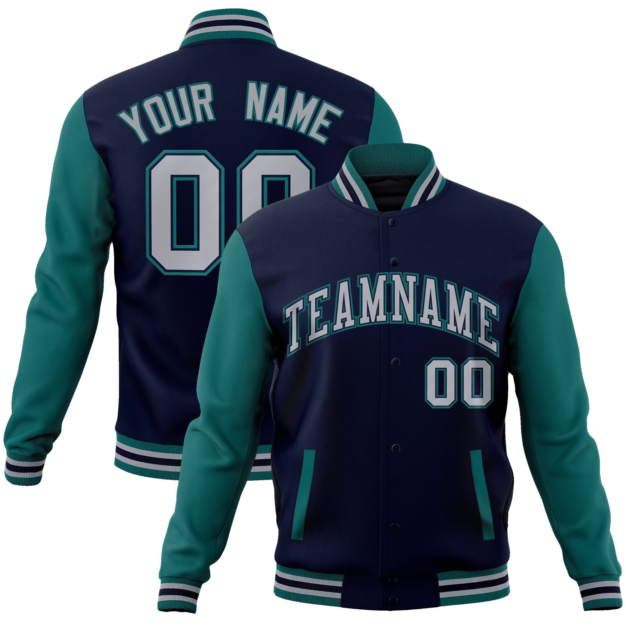 Custom Navy Gray-Navy Raglan Sleeves Varsity Full-Snap Letterman Jacket