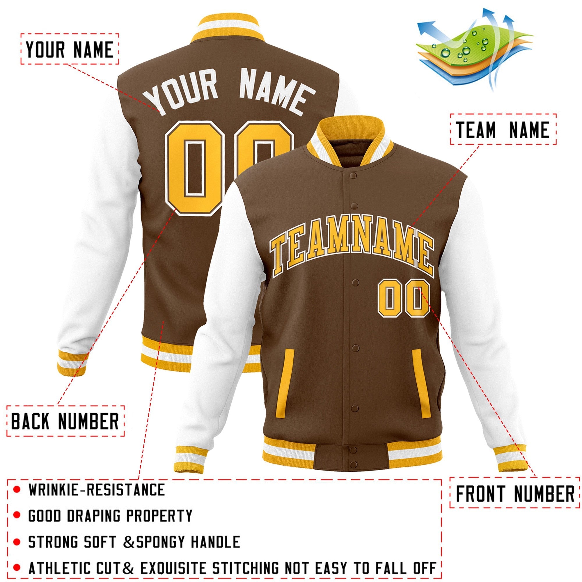 Custom Light Brown Gold-White Raglan Sleeves Varsity Full-Snap Letterman Jacket