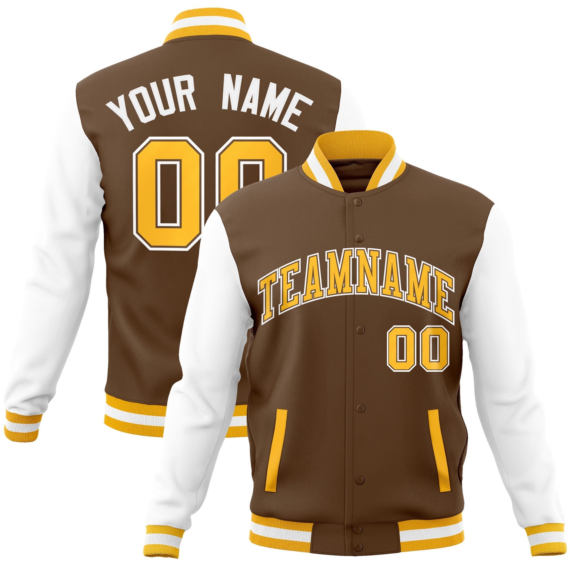 Custom Light Brown Gold-White Raglan Sleeves Varsity Full-Snap Letterman Jacket