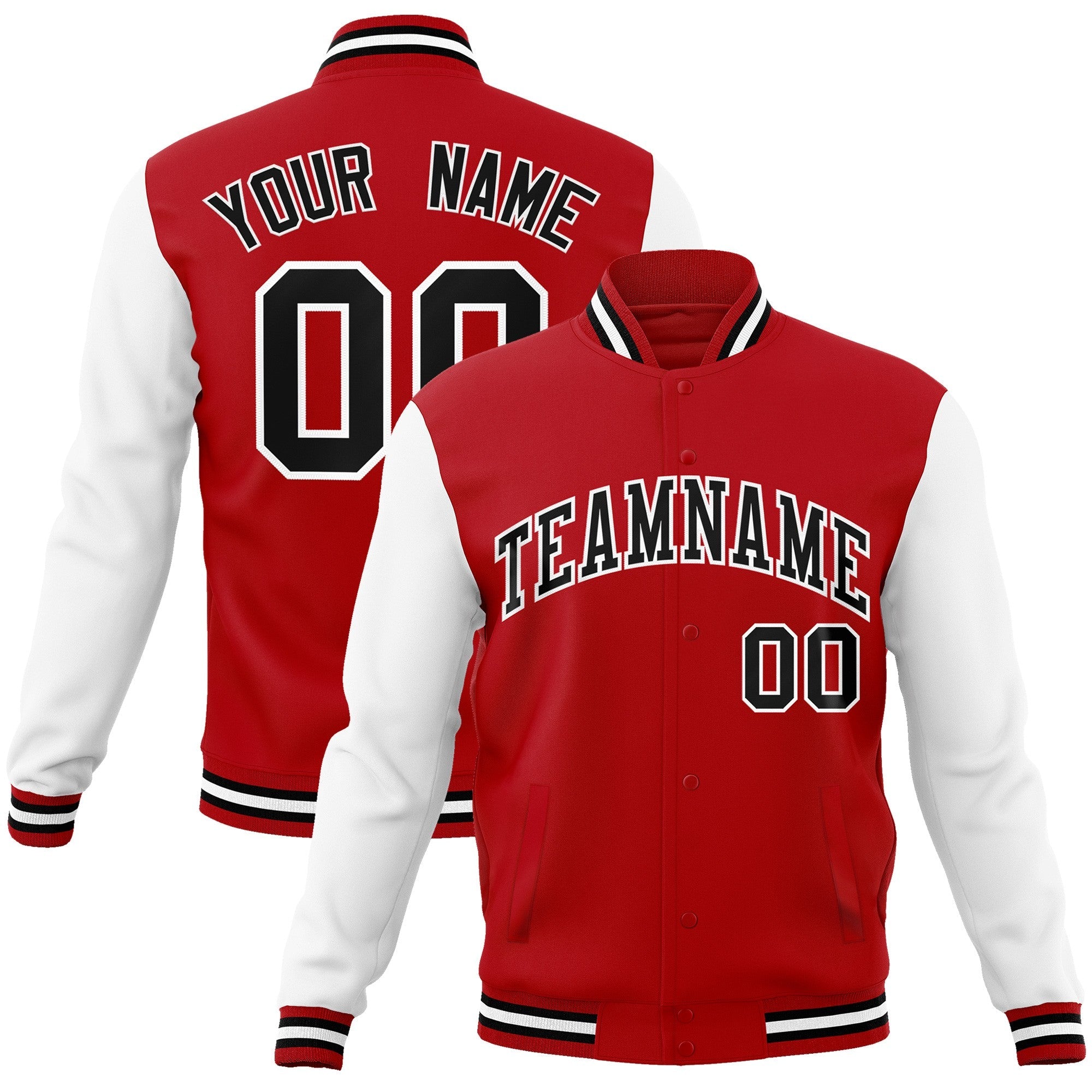 Custom Red Black-White Raglan Sleeves Varsity Full-Snap Letterman Jacket