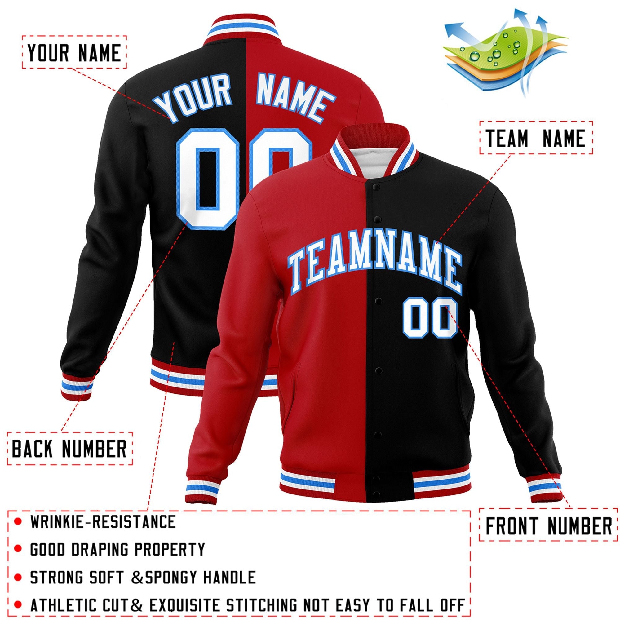 Veste de mode fendue bicolore personnalisée rouge noir-blanc Varsity Full-Snap Letterman