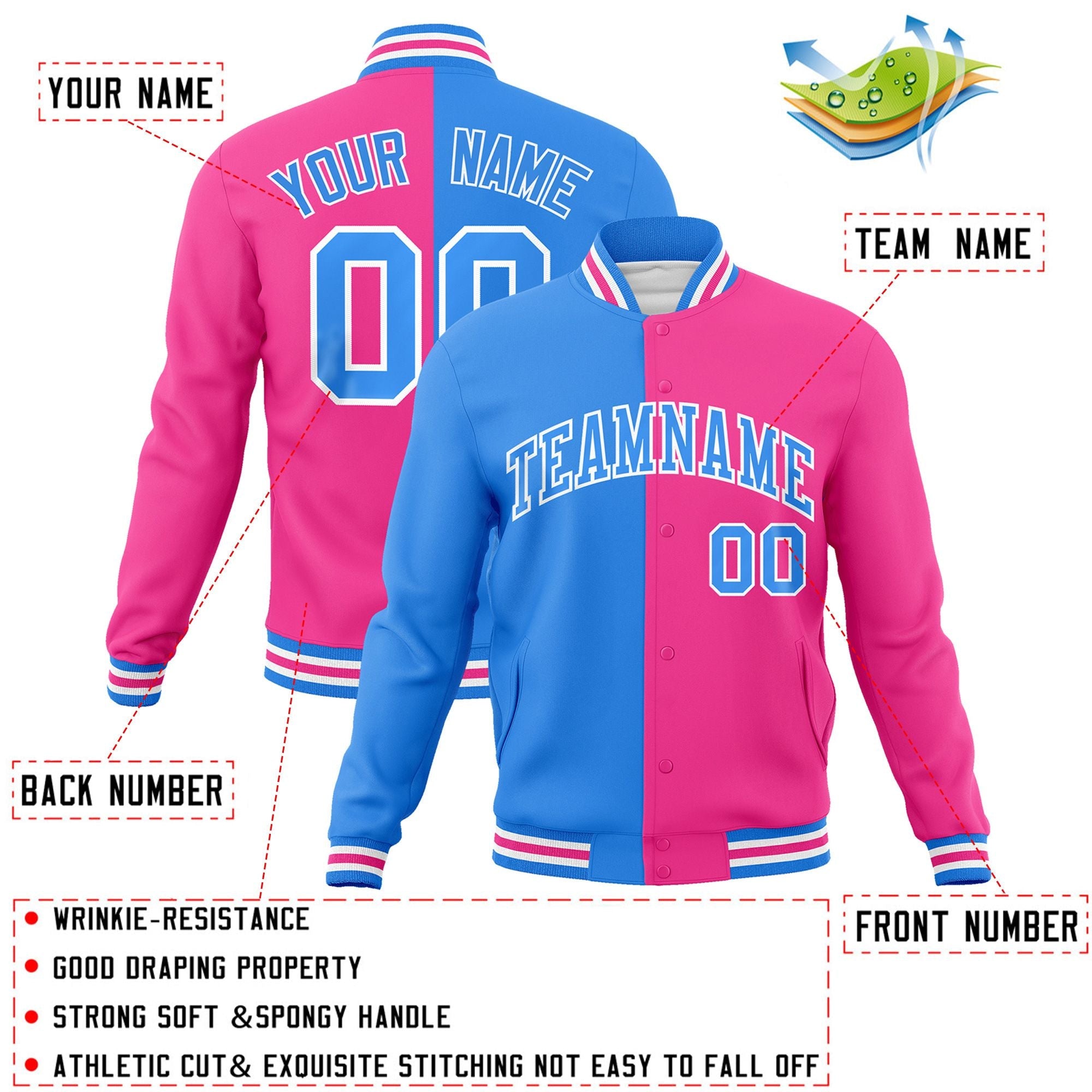 Veste de mode fendue bicolore bleu poudre rose-blanc Varsity Full-Snap Letterman personnalisée