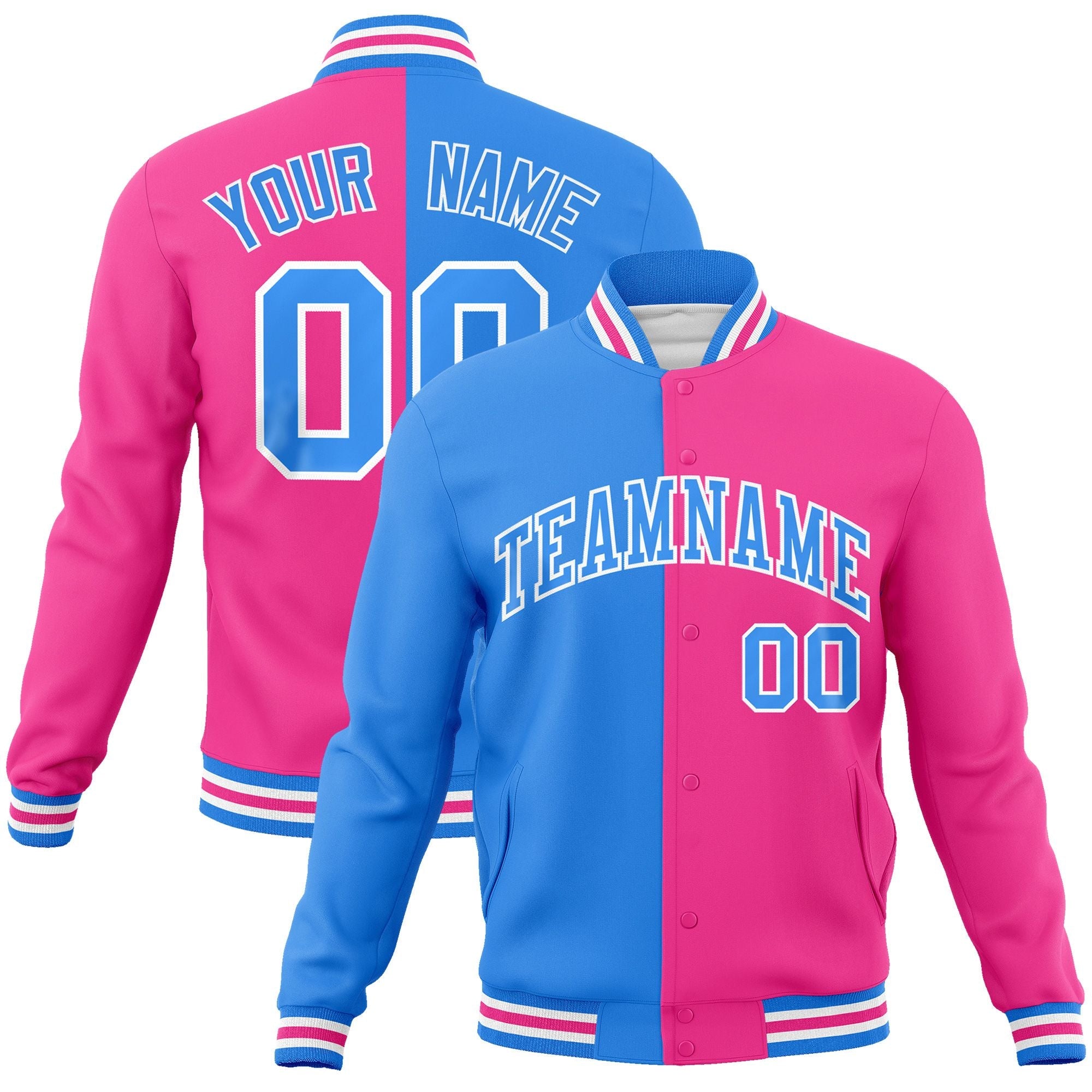 Custom Powder Blue Pink-White Varsity Full-Snap Letterman Two Tone Split Fashion Jacket