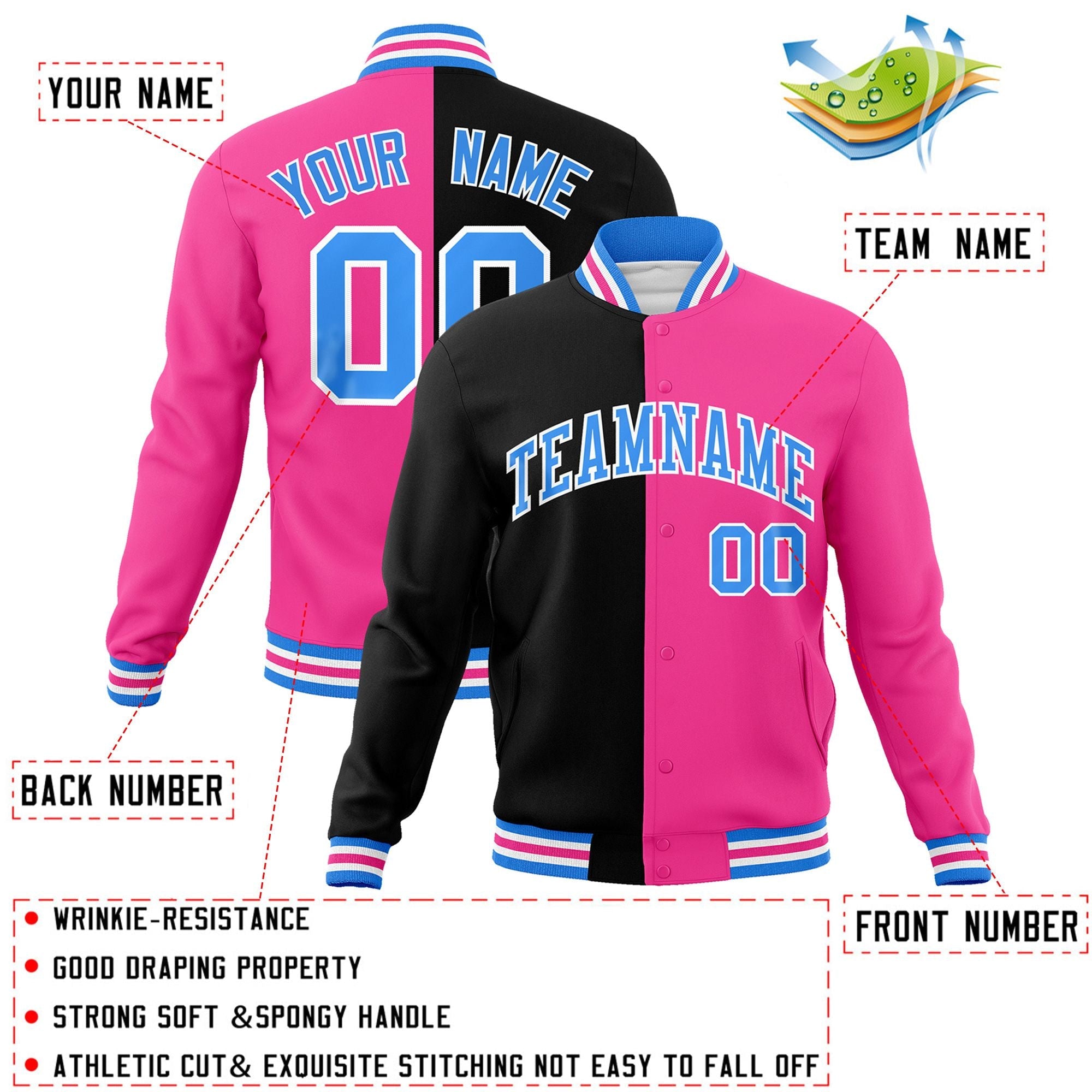 Custom Black Pink-Powder Blue Varsity Full-Snap Letterman Two Tone Split Fashion Jacket