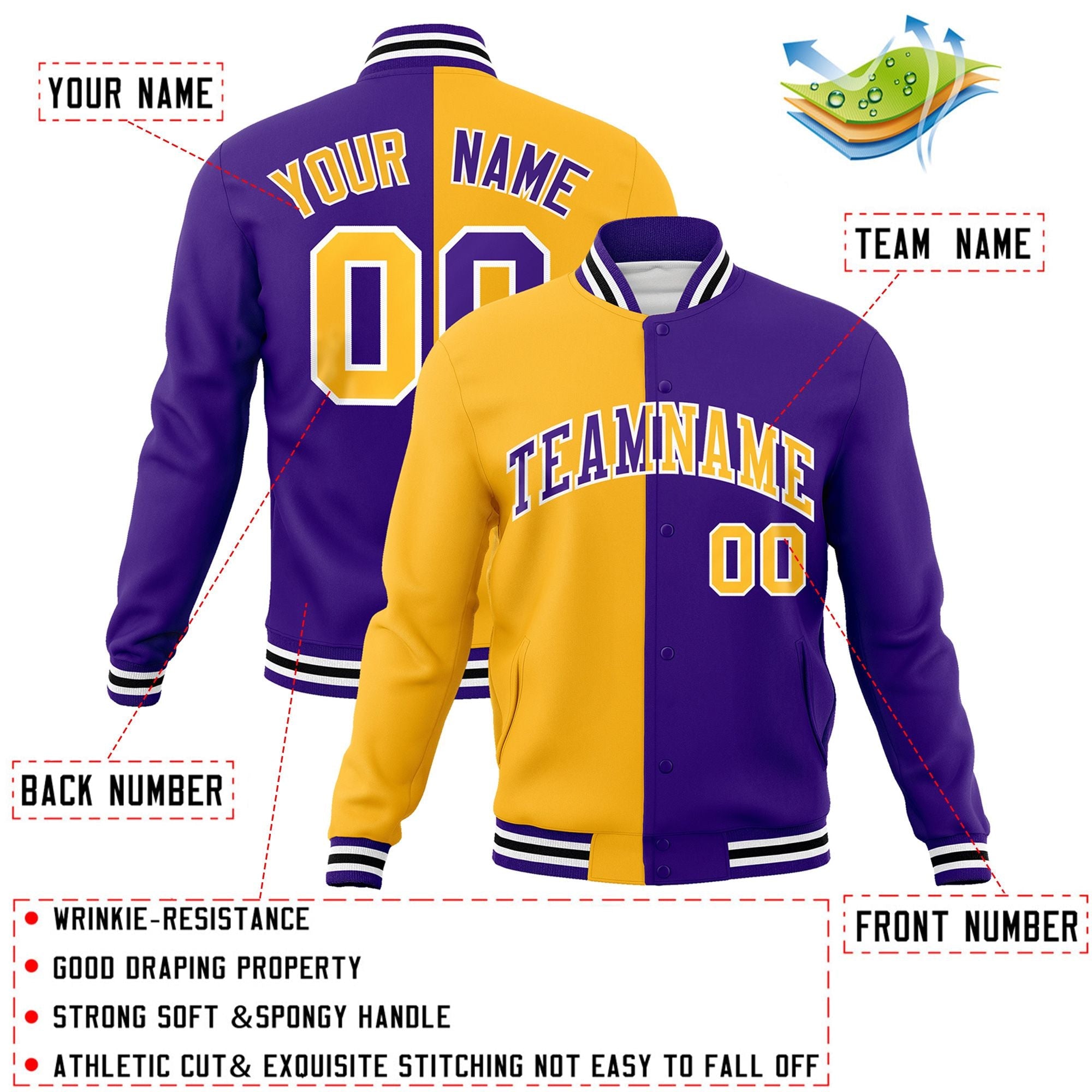 Veste de mode fendue bicolore personnalisée jaune violet-violet Varsity Full-Snap Letterman