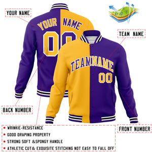 Veste de mode fendue bicolore personnalisée jaune violet-violet Varsity Full-Snap Letterman