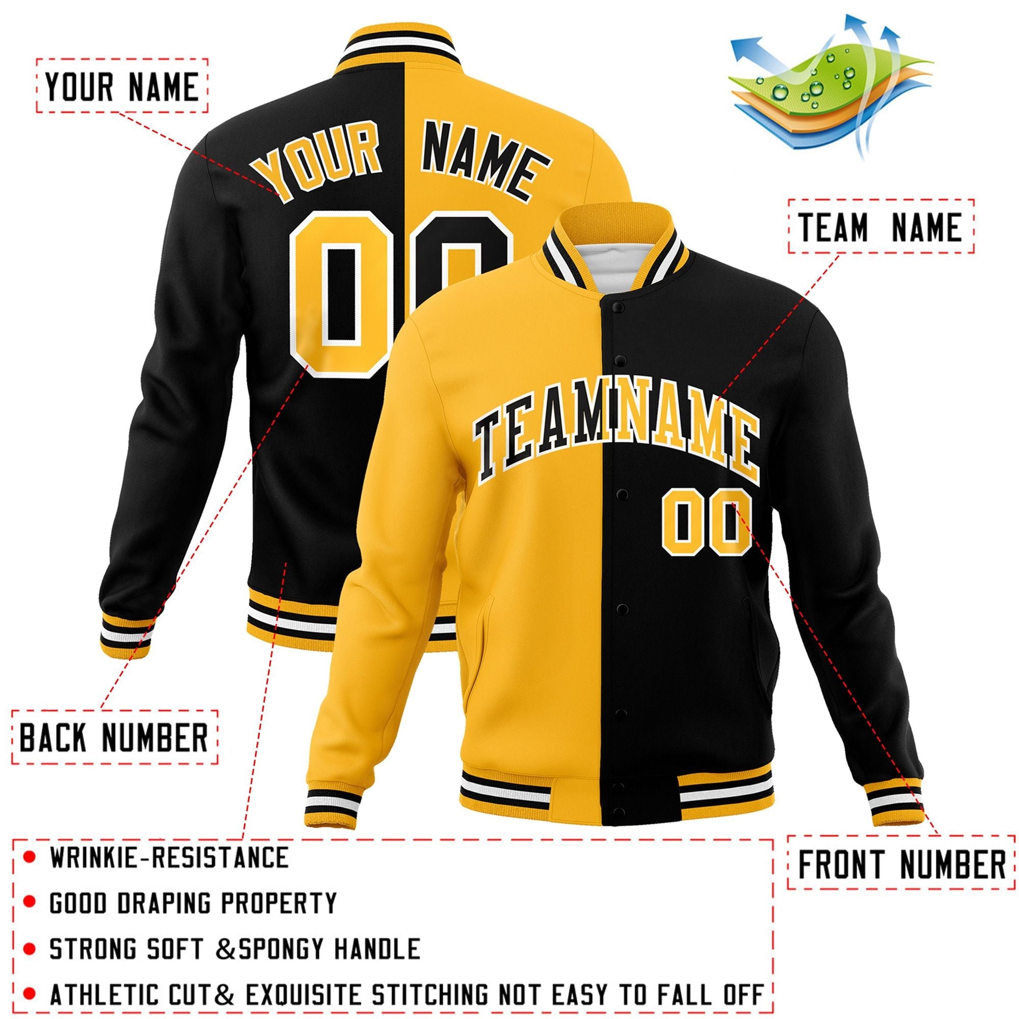 Veste de mode fendue bicolore personnalisée jaune noir-noir Varsity Full-Snap Letterman