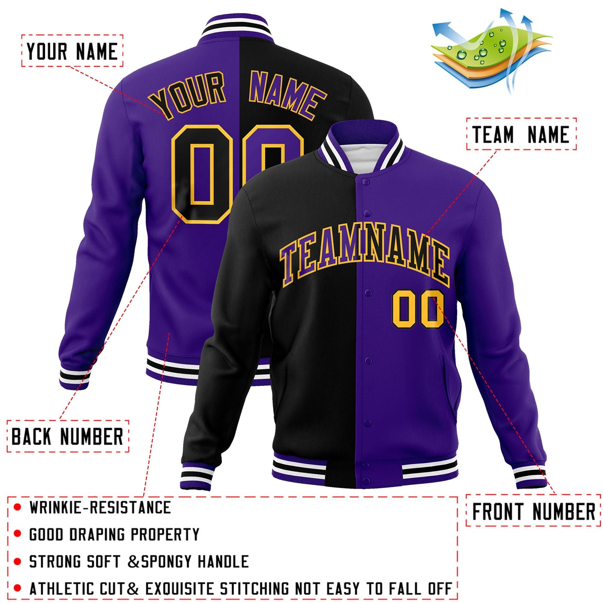 Custom Black Purple-Purple Varsity Full-Snap Letterman Two Tone Split Fashion Jacket