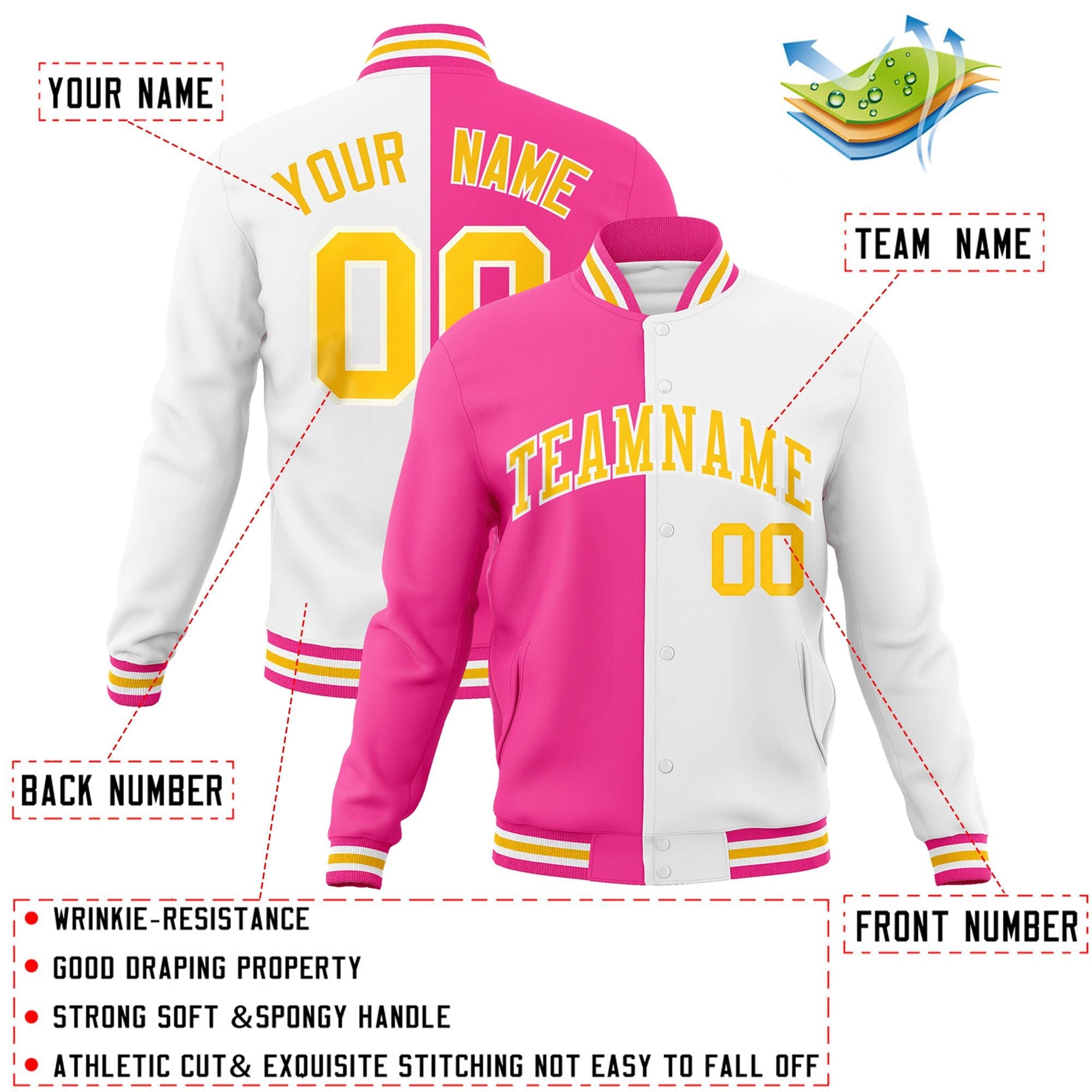 Custom Pink White-Gold Varsity Full-Snap Letterman Two Tone Split Fashion Jacket