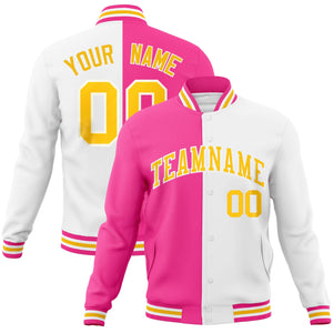 Custom Pink White-Gold Varsity Full-Snap Letterman Two Tone Split Fashion Jacket