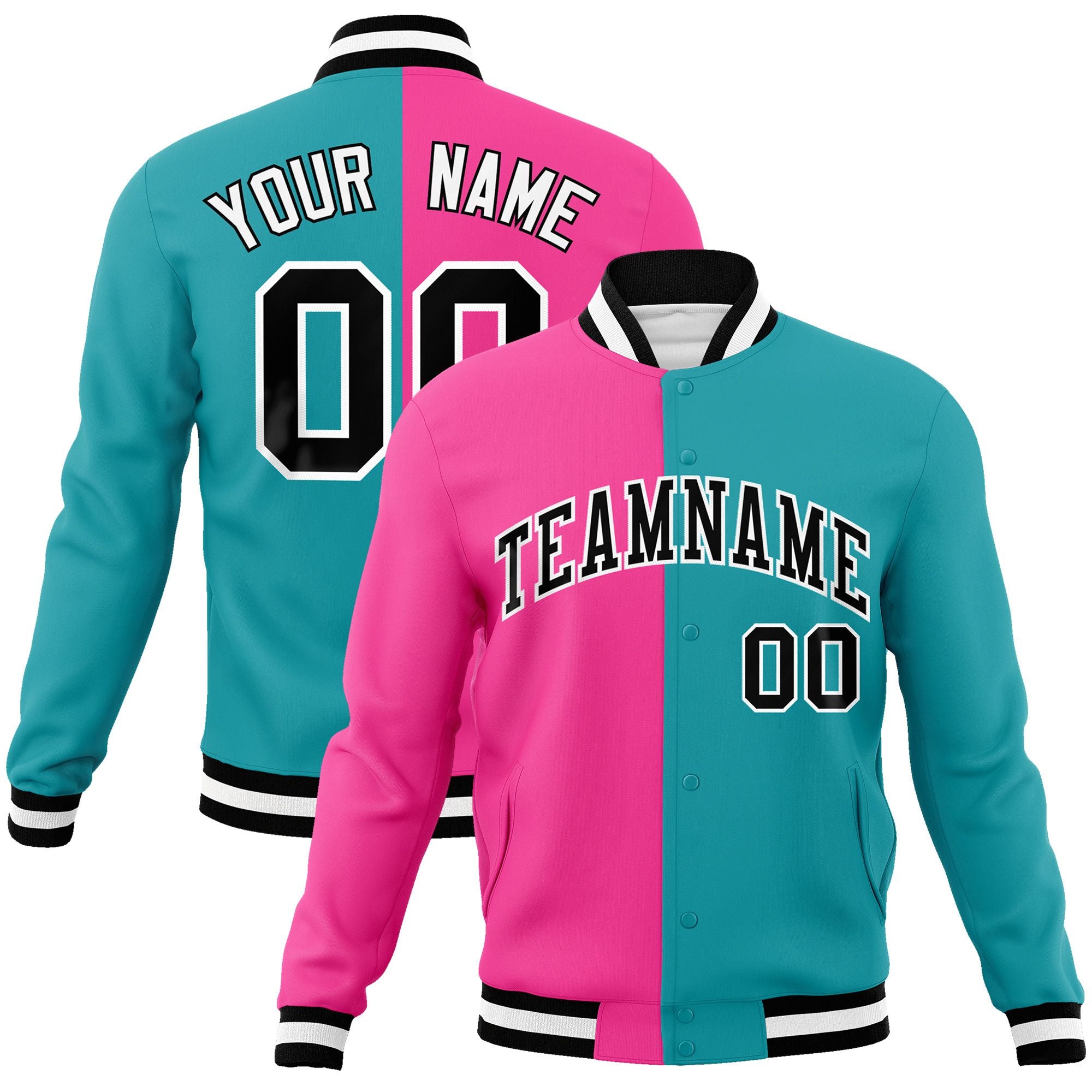 Custom Pink Aqua-Black Varsity Full-Snap Letterman Two Tone Split Fashion Jacket