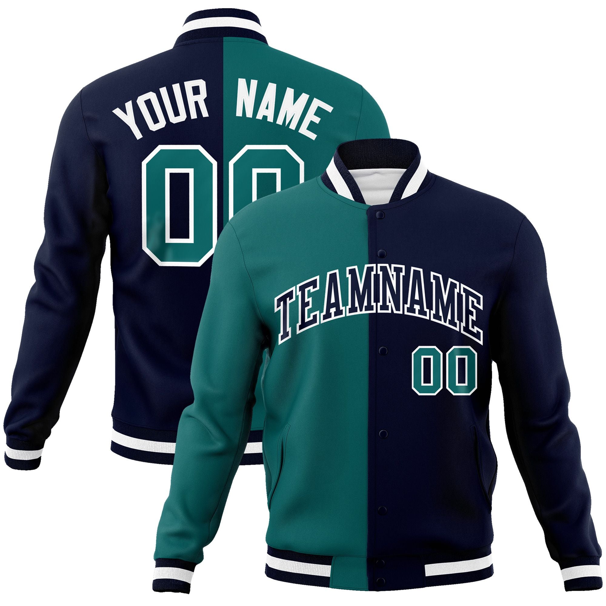 Custom Aqua Navy-Black Varsity Full-Snap Letterman Two Tone Split Fashion Jacket