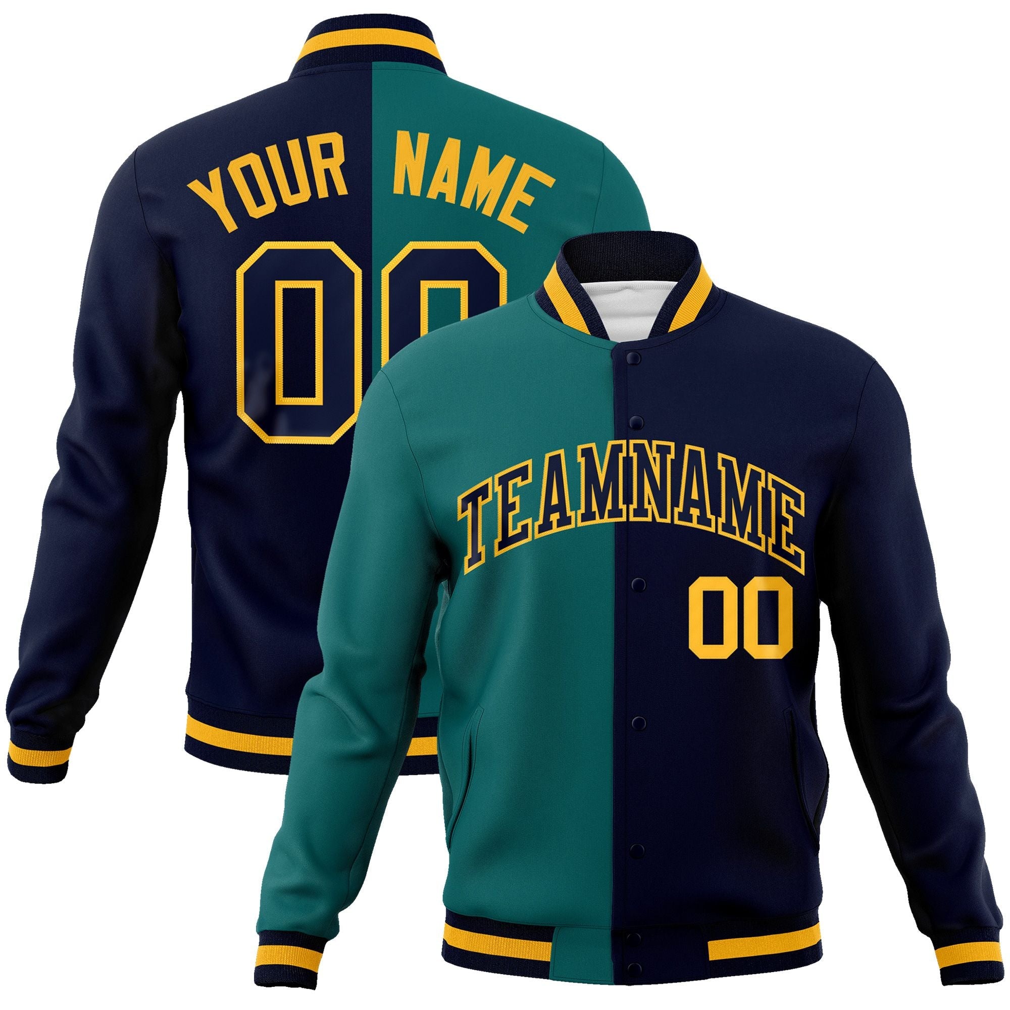 Custom Aqua Navy-Navy Varsity Full-Snap Letterman Two Tone Split Fashion Jacket