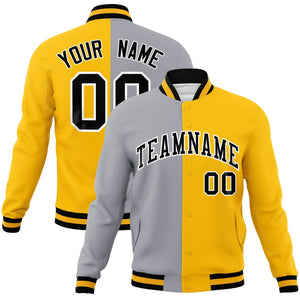 Custom Gray Yellow-Black Varsity Full-Snap Letterman Two Tone Split Fashion Jacket