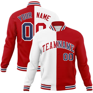 Custom White Red-Red Varsity Full-Snap Letterman Two Tone Split Fashion Jacket