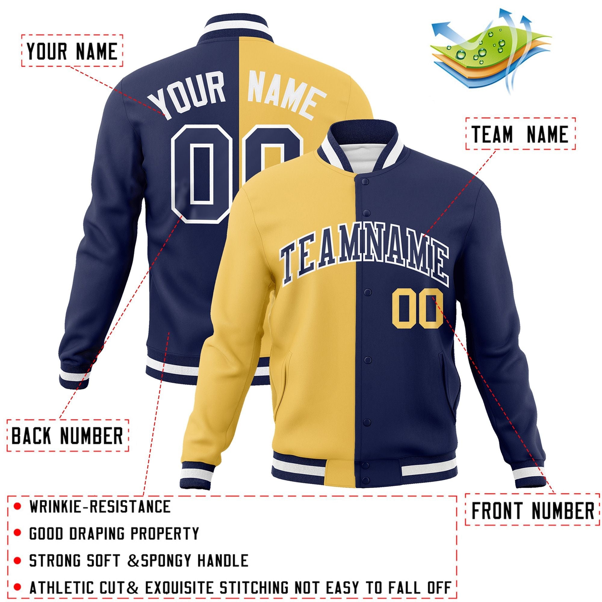 Custom Cream Navy-Navy Varsity Full-Snap Letterman Veste de mode fendue bicolore