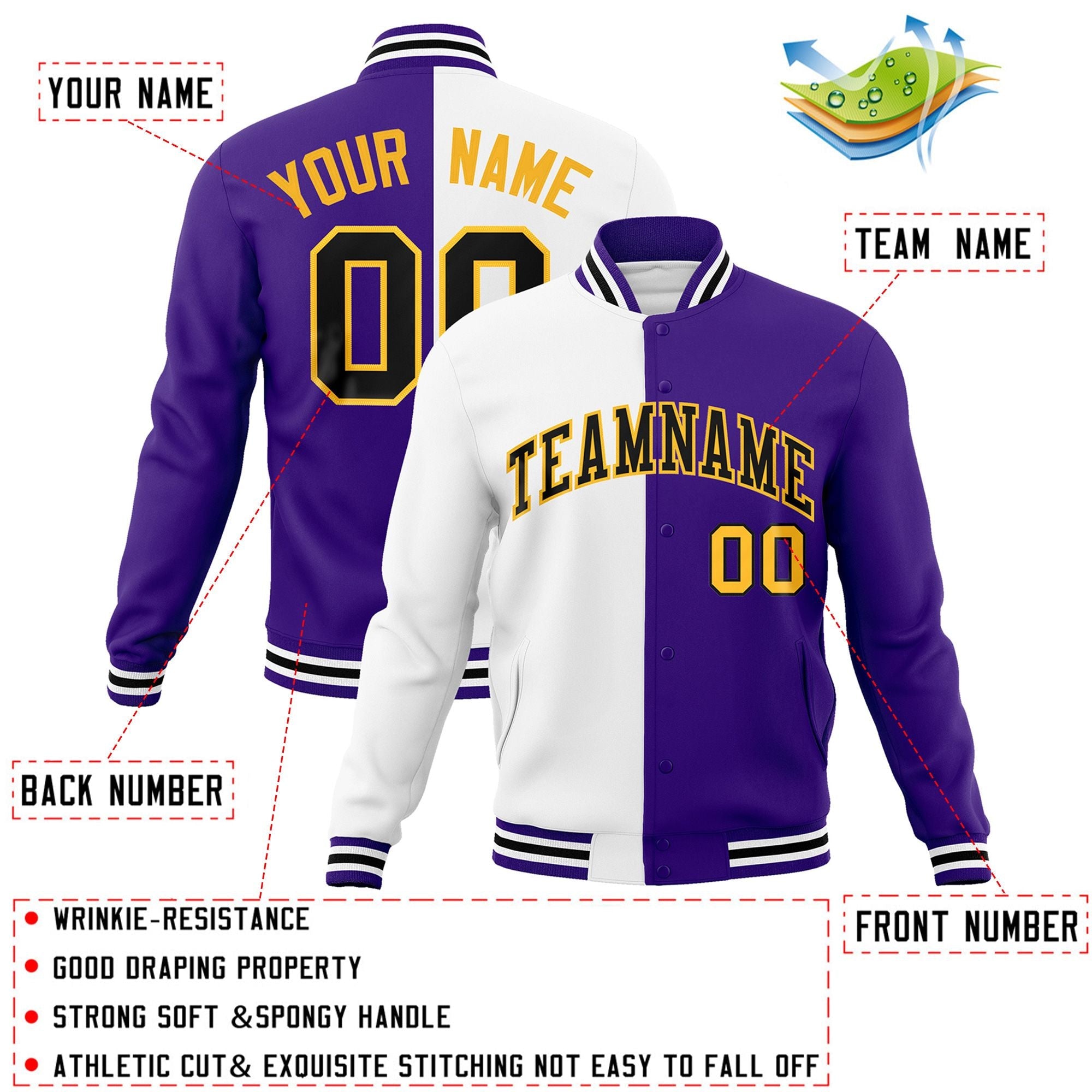 Veste de mode fendue bicolore personnalisée blanc violet-noir Varsity Full-Snap Letterman