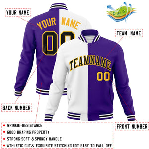 Custom White Purple-Black Varsity Full-Snap Letterman Two Tone Split Fashion Jacket