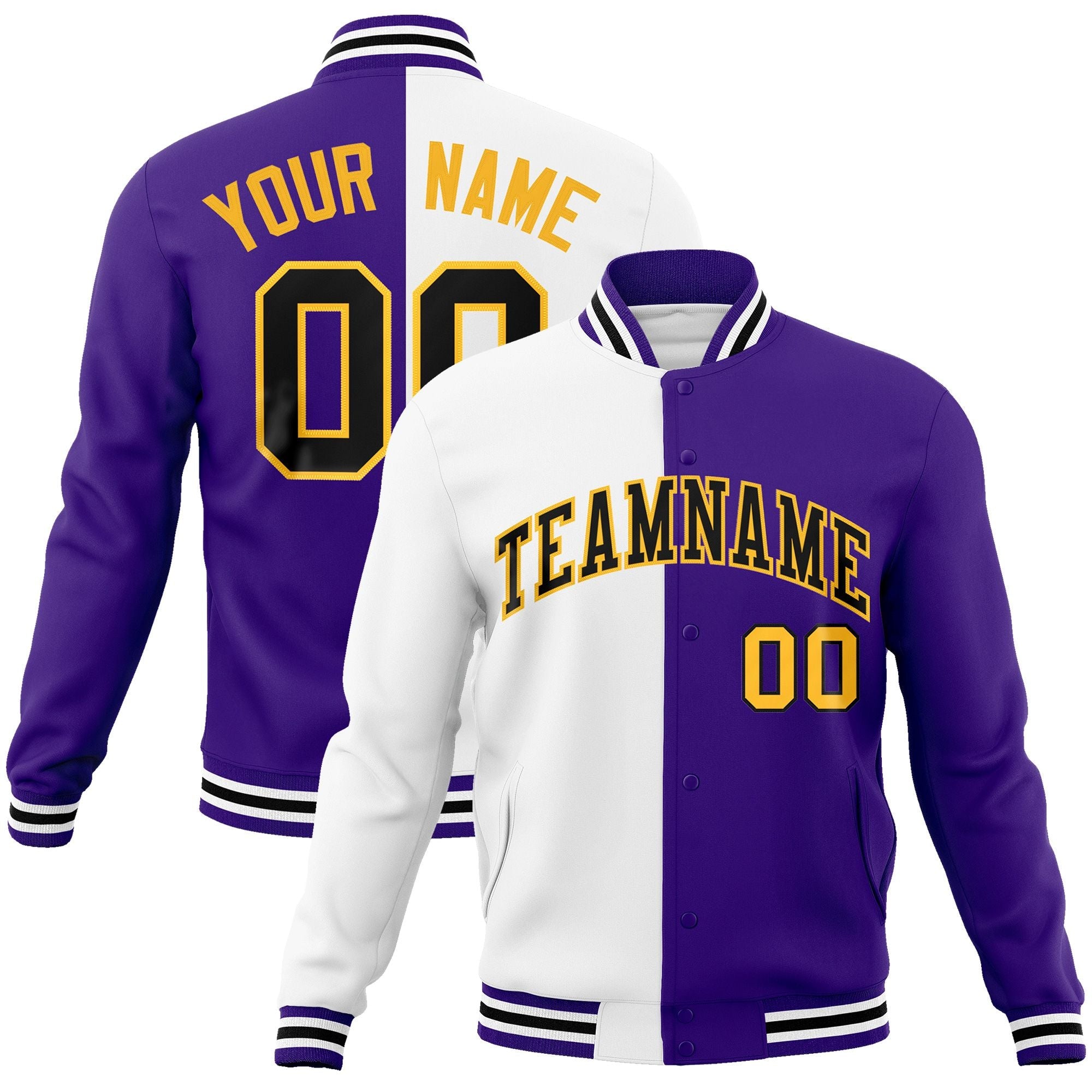 Custom White Purple-Black Varsity Full-Snap Letterman Two Tone Split Fashion Jacket