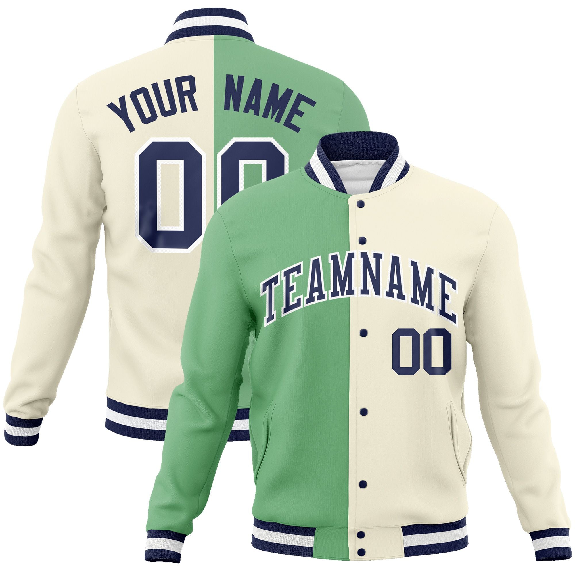 Custom Green Khaki-Navy Varsity Full-Snap Letterman Two Tone Split Fashion Jacket