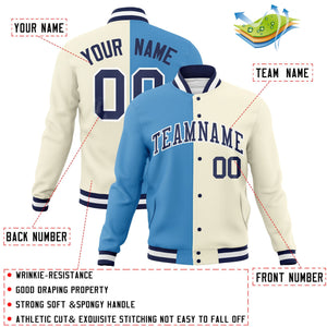 Custom Light Blue Khaki-Navy Varsity Full-Snap Letterman Two Tone Split Fashion Jacket