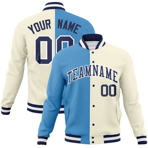 Custom Light Blue Khaki-Navy Varsity Full-Snap Letterman Two Tone Split Fashion Jacket