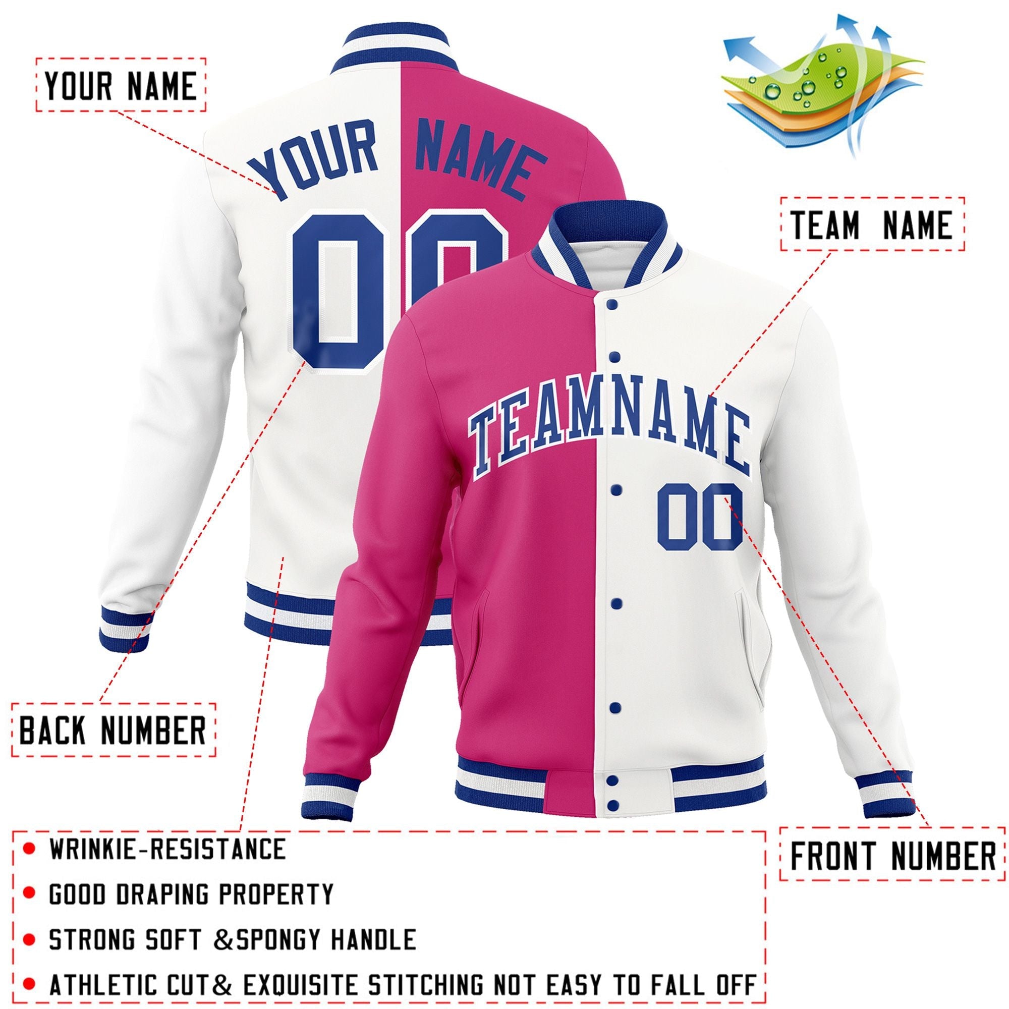 Veste de mode fendue bicolore personnalisée rouge blanc-Royal Varsity Full-Snap Letterman