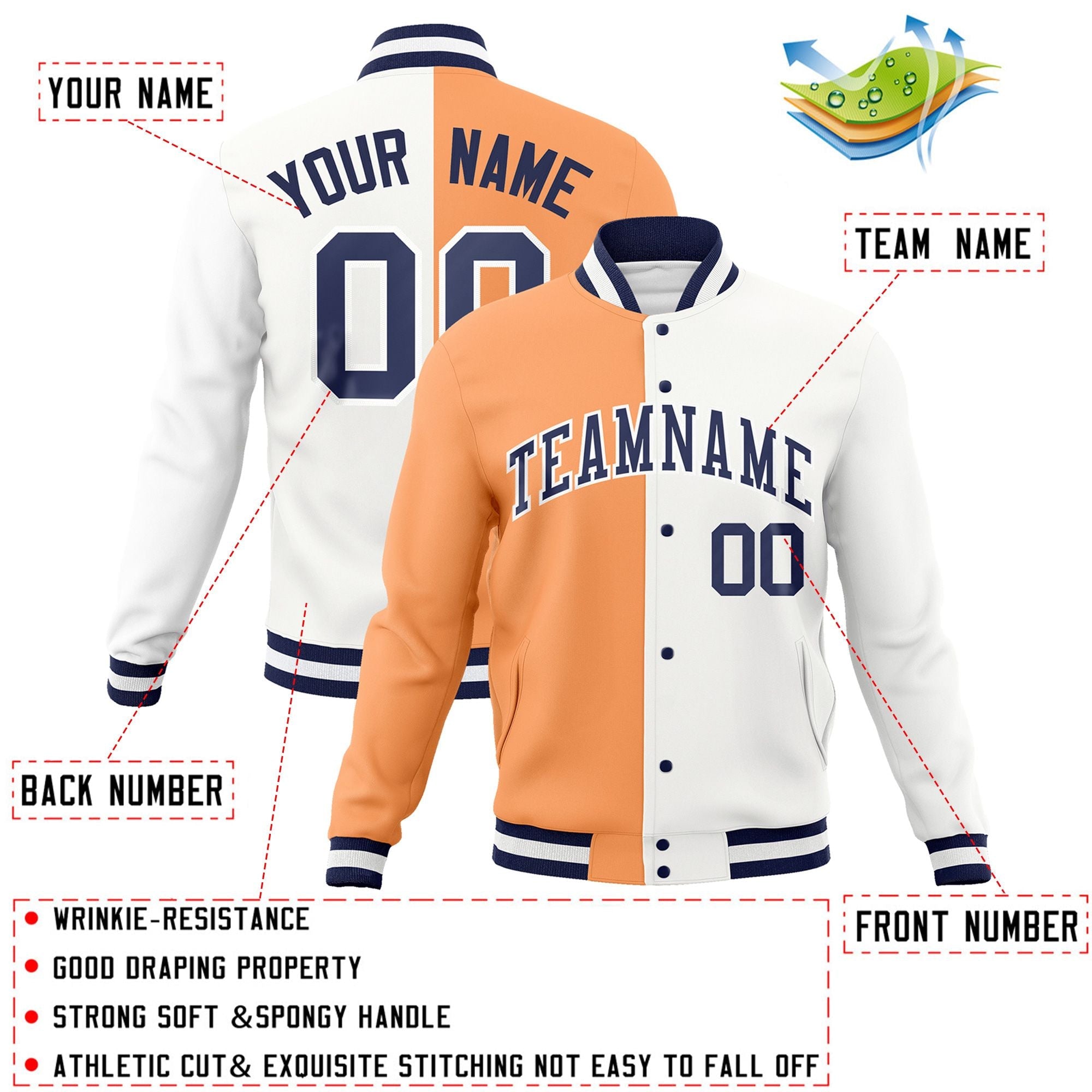 Custom Orange White-Navy Varsity Full-Snap Letterman Two Tone Split Fashion Jacket