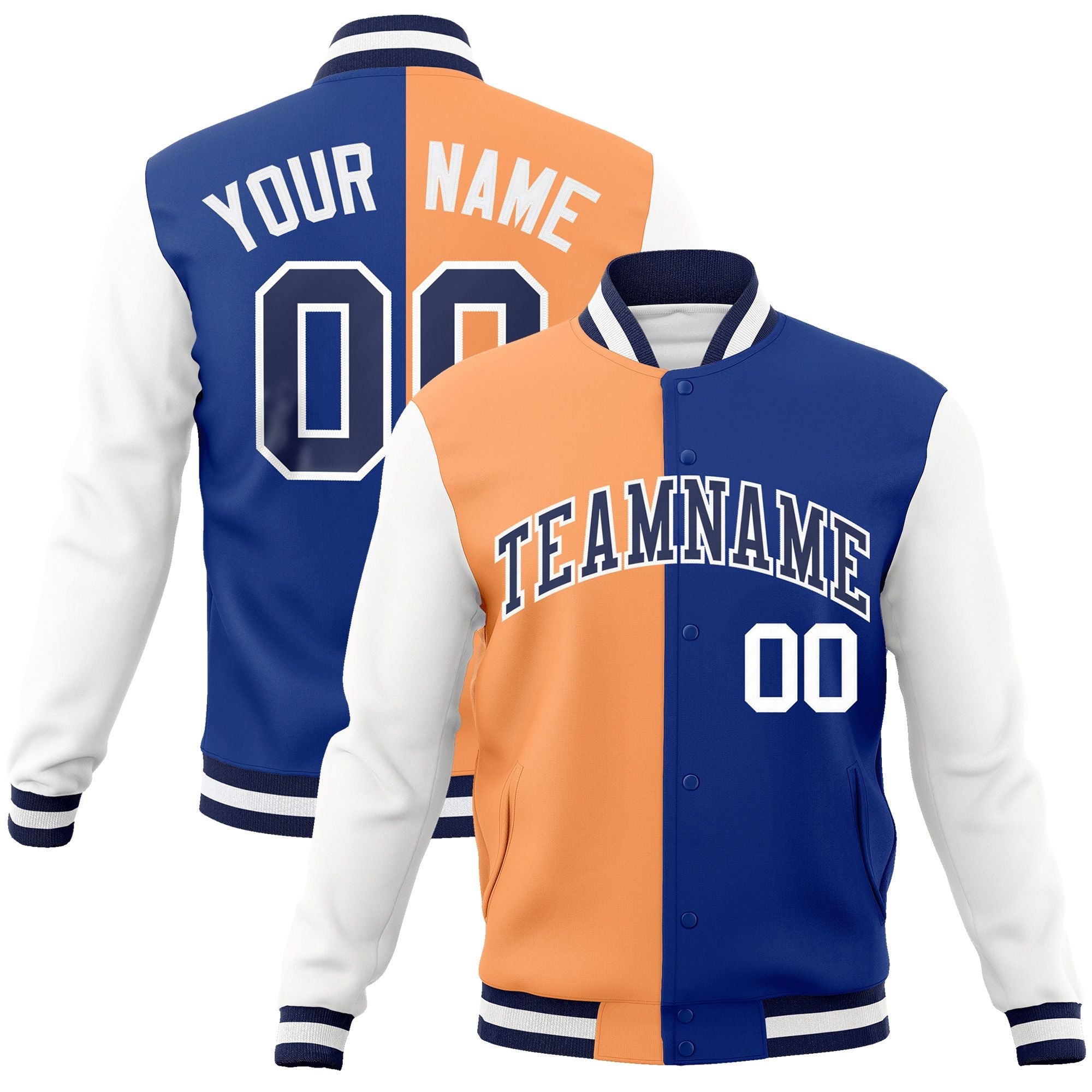 Custom Orange Royal-Navy Varsity Full-Snap Letterman Two Tone Split Fashion Jacket