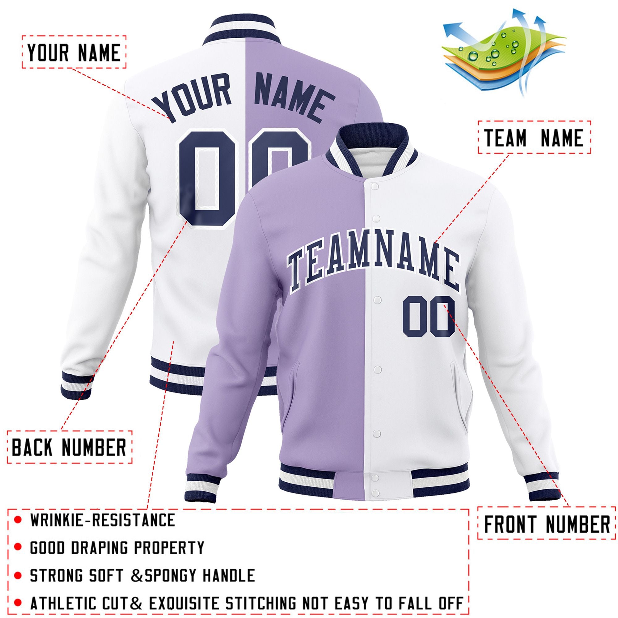 Veste de mode personnalisée à deux tons violet clair blanc-marine Varsity Full-Snap Letterman