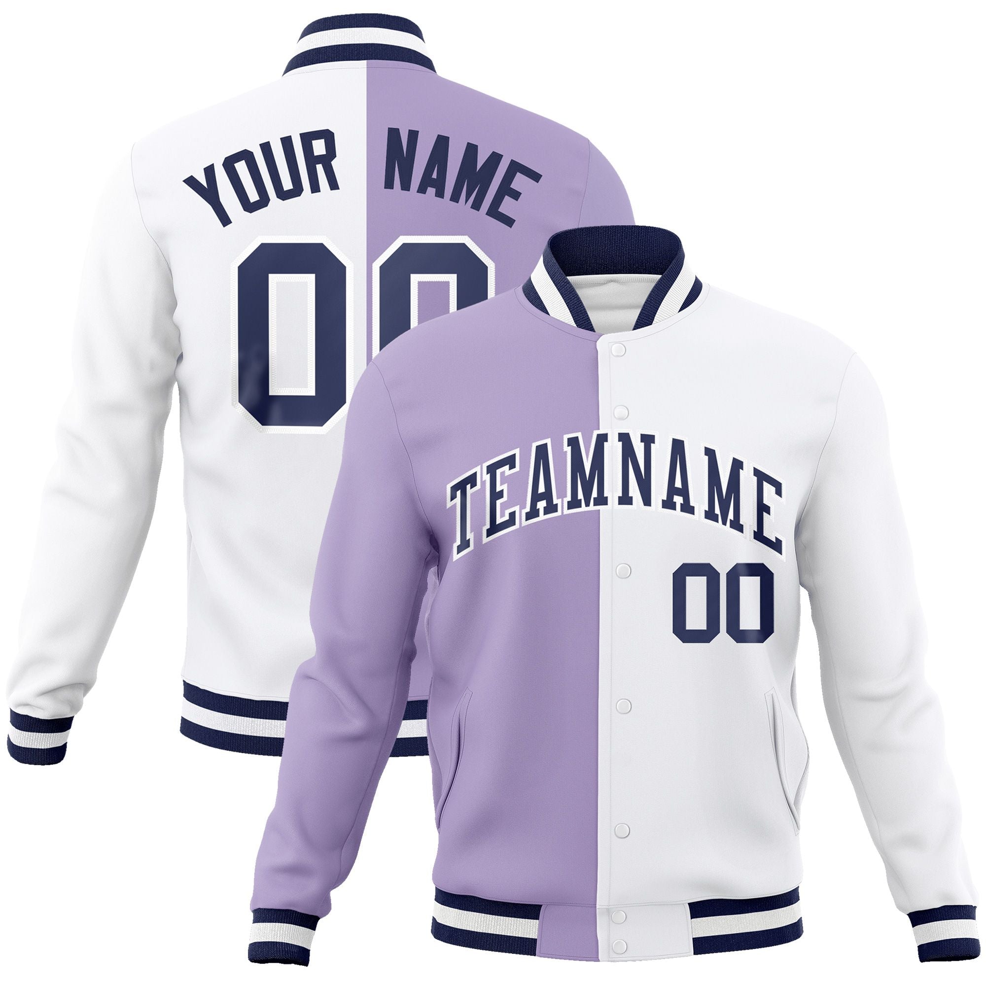 Custom Light Purple White-Navy Varsity Full-Snap Letterman Two Tone Split Fashion Jacket