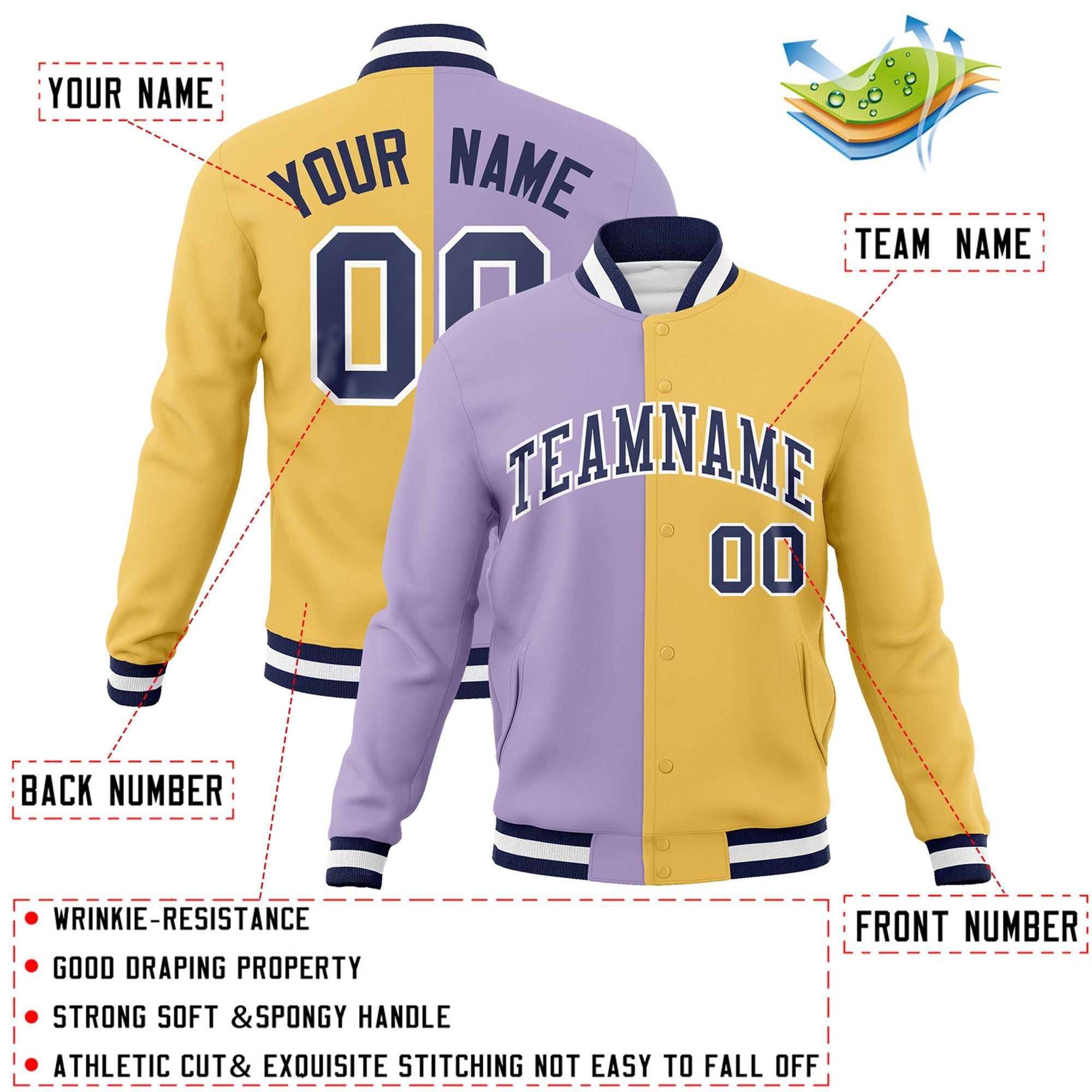 Veste de mode fendue bicolore personnalisée violet clair crème-marine Varsity Full-Snap Letterman