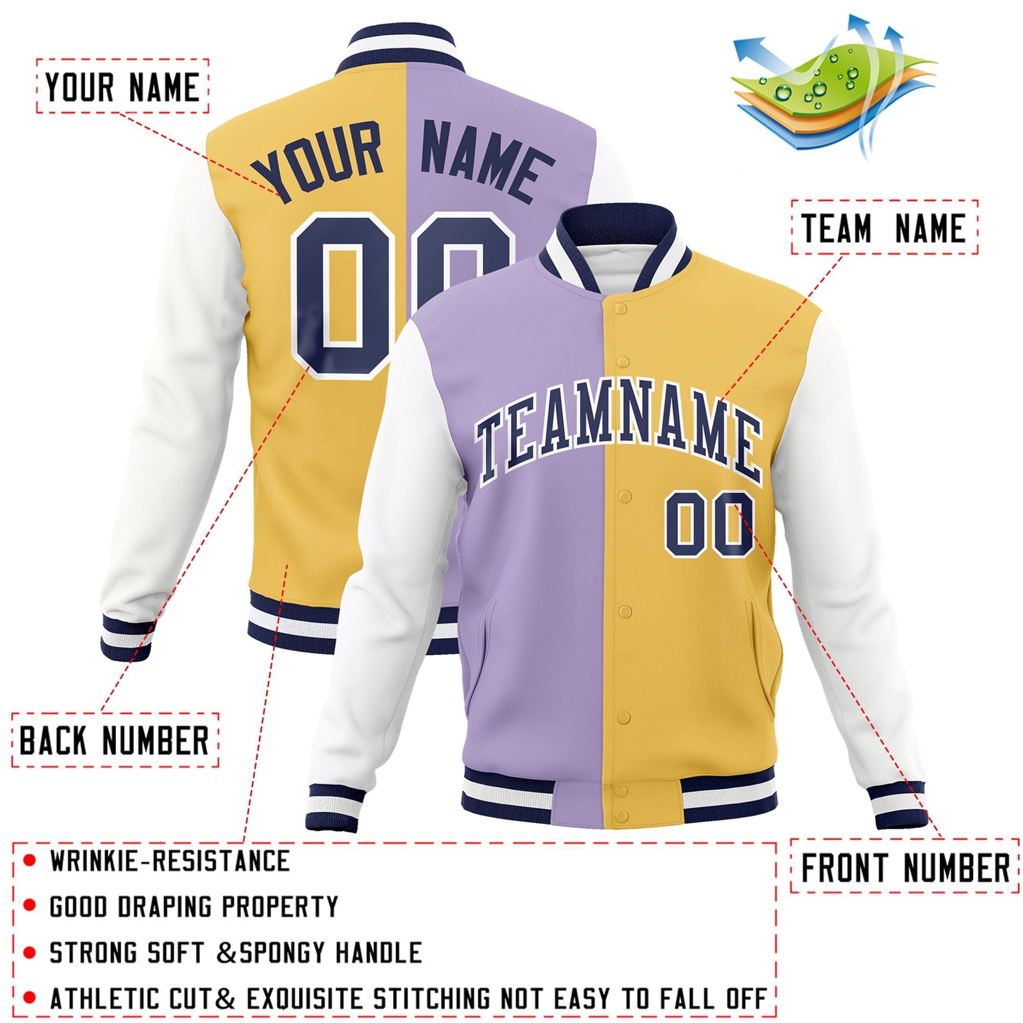 Veste de mode fendue bicolore personnalisée violet clair crème-marine Varsity Full-Snap Letterman