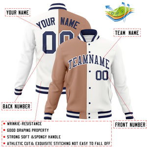 Veste de mode fendue bicolore personnalisée marron blanc-marine Varsity Full-Snap Letterman