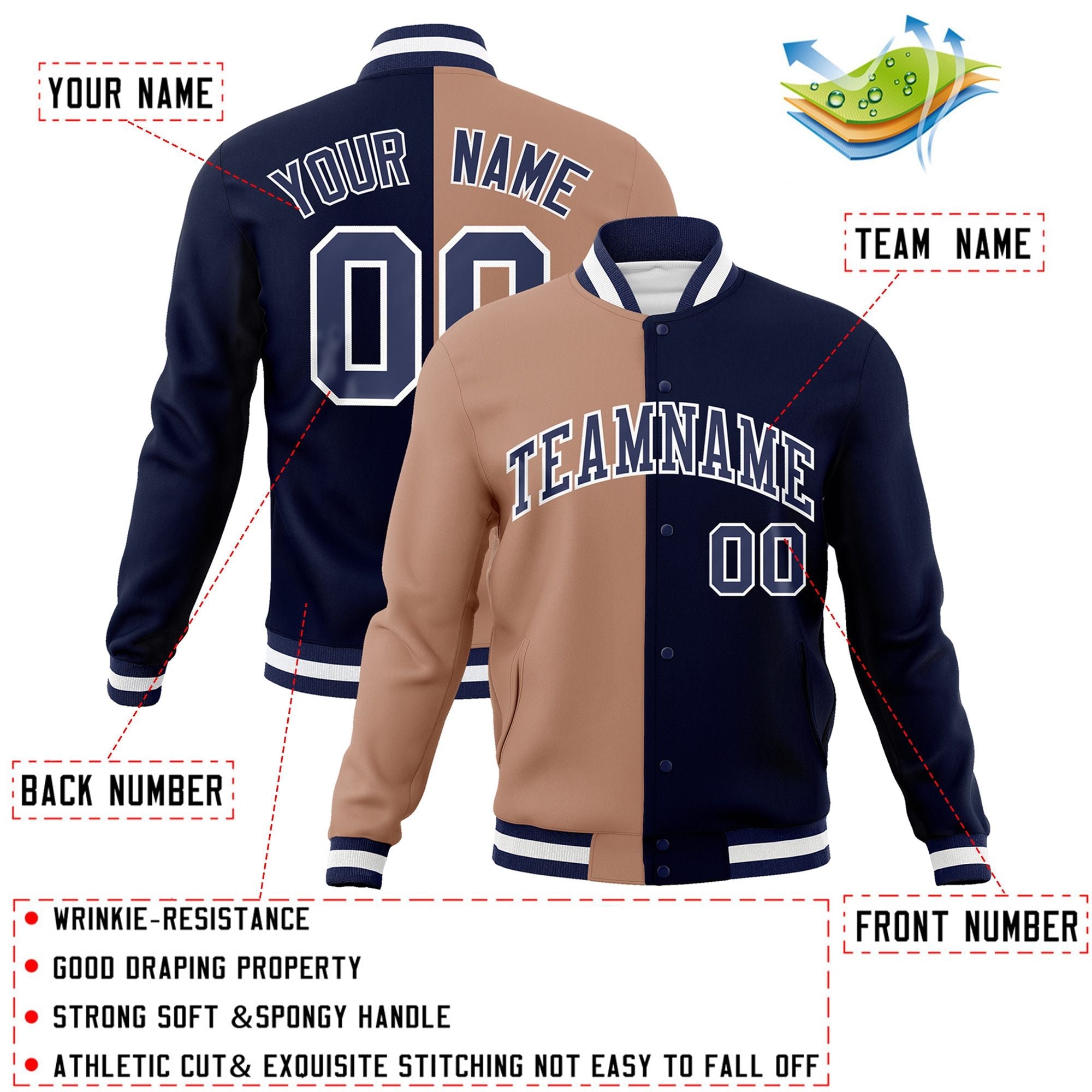 Custom Brown Navy-Navy Varsity Full-Snap Letterman Veste de mode fendue bicolore