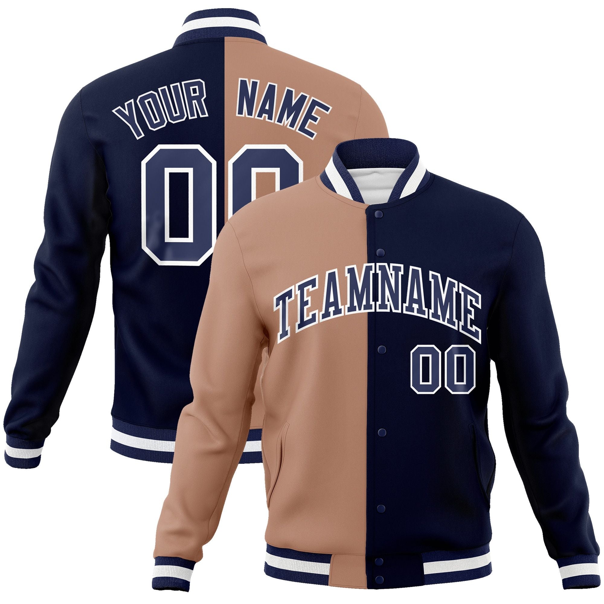 Custom Brown Navy-Navy Varsity Full-Snap Letterman Two Tone Split Fashion Jacket