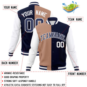 Custom Brown Navy-Navy Varsity Full-Snap Letterman Veste de mode fendue bicolore