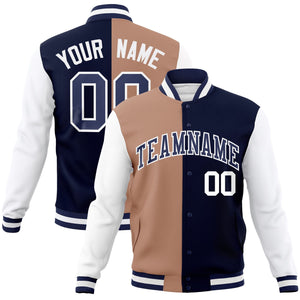 Custom Brown Navy-Navy Varsity Full-Snap Letterman Two Tone Split Fashion Jacket