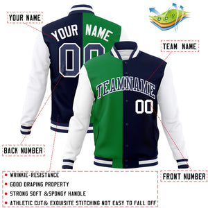 Custom Green Navy-Navy Varsity Full-Snap Letterman Veste de mode fendue bicolore